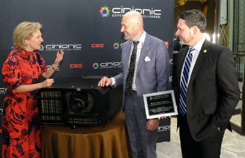 Princess Astrid of Belgium and Cinionic CEO Wim Buyens pictured during a meeting on cinema techniques during the third day of a Belgian economic mission to Mexico, Tuesday 19 February 2019. Several federal and regional ministers accompany the princess on an economic mission to Mexico from 17 to 24 February.  ERICxLALMAND 05533929
