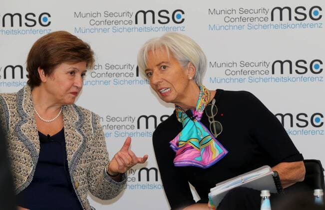 55 Munich Security Conference at the Hotel Bayerischer Hof in Munich IMF Chief Executive Christine Lagarde right and Interim President of the World Bank Kristalina Georgieva left at the Munich Security Conference on 15 February 2019 Munich Bavaria Germany