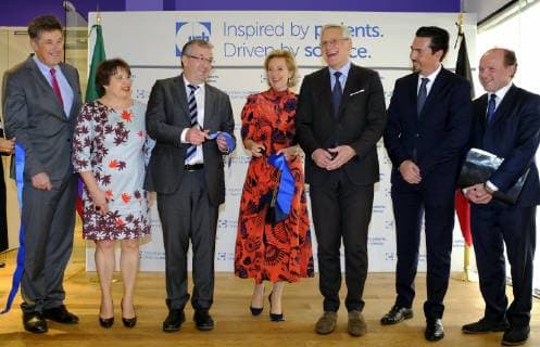 UCB General Manager Didier Malherbe, Brussels region State Secretary Cecile Jodogne , MR s Pierre-Yves Jeholet, Princess Astrid of Belgium, Vice-Prime Minister and Minister of Employment, Economy, Consumer Affairs and equal chances Kris Peeters, UCB s Daniel Aurelio Amezcua Zavala and Flemish Minister of Employment, Economy, Innovation, Science Policy and Sports Philippe Muyters pictured during the opening of new offices of pharma company UCB, on the third day of a Belgian economic mission to Mexico, Tuesday 19 February 2019. Several federal and regional ministers accompany the princess on an economic mission to Mexico from 17 to 24 February. ERICxLALMAND 05534006