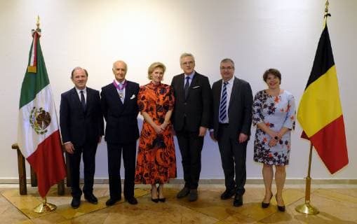 Flemish Minister of Employment, Economy, Innovation, Science Policy and Sports Philippe Muyters, Jose Caral, President of the club de indutriales, Princess Astrid of Belgium, Vice-Prime Minister and Minister of Employment, Economy, Consumer Affairs and equal chances Kris Peeters, Walloon vice-minister president and minister of Economy, Employment and Formation Pierre-Yves Jeholet and Brussels region State Secretary Cecile Jodogne pictured during a lunch on the third day of a Belgian economic mission to Mexico, Tuesday 19 February 2019. Several federal and regional ministers accompany the princess on an economic mission to Mexico from 17 to 24 February. ERICxLALMAND 05534016
