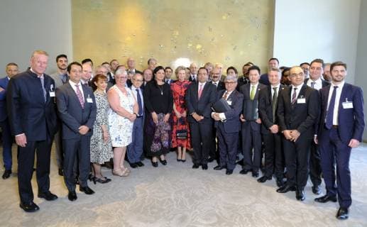 Princess Astrid of Belgium and Group of businessmen women pose for the photographer after a signing ceremony on the third day of a Belgian economic mission to Mexico, Tuesday 19 February 2019. Several federal and regional ministers accompany the princess on an economic mission to Mexico from 17 to 24 February.  ERICxLALMAND 05534039