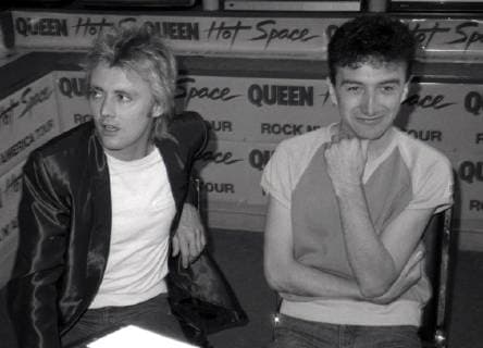 Roger Taylor and John Deacon of Queen attend Queen Press Conference for Hot Space at Crazy Eddie s on July 27, 1982 in New York City. Copyright: xx