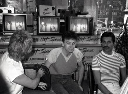 Roger Taylor, John Deacon and Freddie Mercury of Queen attend Queen Press Conference for Hot Space at Crazy Eddie s on July 27, 1982 in New York City. Copyright: xx
