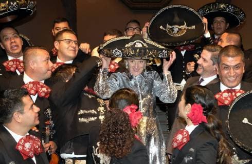Princess Astrid of Belgium poses with a Mariachi band during the official reception after the Belgian Jazz Manouche meets Mexican beats concert on the third day of a Belgian economic mission to Mexico, Tuesday 19 February 2019. Several federal and regional ministers accompany the princess on an economic mission to Mexico from 17 to 24 February.  ERICxLALMAND 05534101