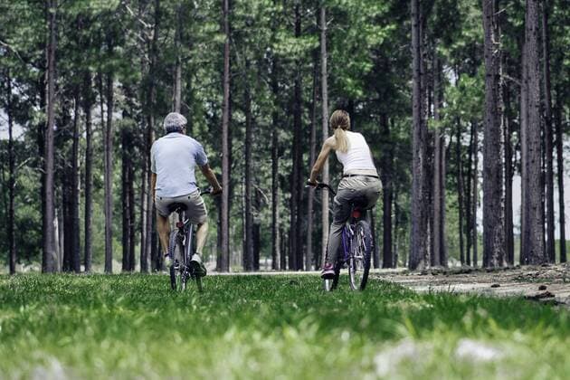 Mature couple cycling in forest  Copyright: FrédéricxCirou B79621734