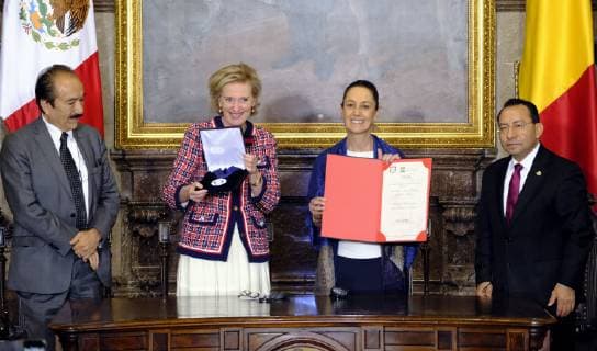 Princess Astrid of Belgium and Dr Claudia Sheinbaum Pardo, jefe de gobierno de la ciudad de Mexico pictured during a distinguished ceremony at the City Hall of Mexico, on the fourth day of a Belgian economic mission to Mexico, Wednesday 20 February 2019. Several federal and regional ministers accompany the princess on an economic mission to Mexico from 17 to 24 February.  ERICxLALMAND 05534802