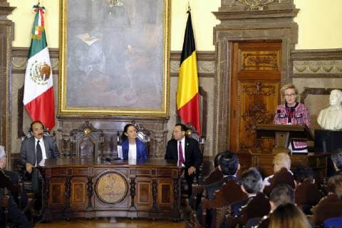 Princess Astrid of Belgium and Dr Claudia Sheinbaum Pardo, jefe de gobierno de la ciudad de Mexico pictured during a distinguished ceremony at the City Hall of Mexico, on the fourth day of a Belgian economic mission to Mexico, Wednesday 20 February 2019. Several federal and regional ministers accompany the princess on an economic mission to Mexico from 17 to 24 February.  ERICxLALMAND 05534805