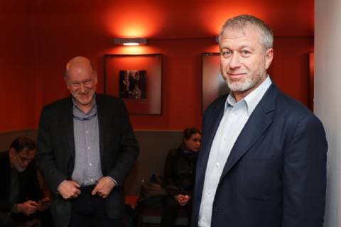 MOSCOW, RUSSIA - FEBRUARY 20, 2019: Businessman Roman Abramovich (front) and Freight One Supervisory Board Chairman Alexander Voloshin ahead of the private screening of Stilyagi based on Yuri Korotkov s play and staged by Alexei Frandetti at Moscow s Theatre of Nations; stilyagi stylish people is a name for a Soviet 1950s youth counterculture of foreign lifestyle and fashion followers. Vyacheslav Prokofyev TASS  TS0A1BA5