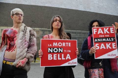 Flash mob animalist vegan hyenas in front of the entrance of the Max Mara fashion show in via Roentgen to protest against the use of fur by the brand (Massimo Alberico, Milan - 2019-02-21) p.s. la foto e utilizzabile nel rispetto del contesto in cui e stata scattata, e senza intento diffamatorio del decoro delle persone rappresentate  Copyright: xMassimoxAlbericox xIPAx xFOTOGRAMMAx 0