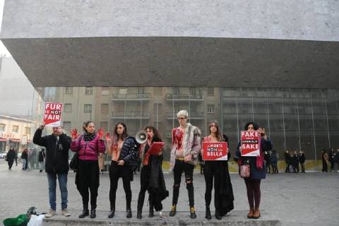 Flash mob animalist vegan hyenas in front of the entrance of the Max Mara fashion show in via Roentgen to protest against the use of fur by the brand (Massimo Alberico, Milan - 2019-02-21) p.s. la foto e utilizzabile nel rispetto del contesto in cui e stata scattata, e senza intento diffamatorio del decoro delle persone rappresentate  Copyright: xMassimoxAlbericox xIPAx xFOTOGRAMMAx 0