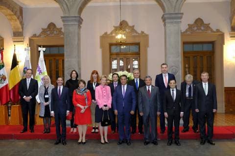 Fabienne L Hoost of Belgian Foreign Trade Agency, Ambassador of Belgium to Mexico, Antoine Evrard, Hub Brussels CEO Isabelle Grippa, Brussels region State Secretary Cecile Jodogne , AWEX CEO Pascale Delcomminette, Princess Astrid of Belgium and Jaime Rodriguez Calderon, Governor of Nuevo Leon a meeting with the governor of Nuevo Leon province, on the fifth day of a Belgian economic mission to Mexico, Thursday 21 February 2019, in Monterrey. Several federal and regional ministers accompany the princess on an economic mission to Mexico from 17 to 24 February.  ERICxLALMAND 05535679
