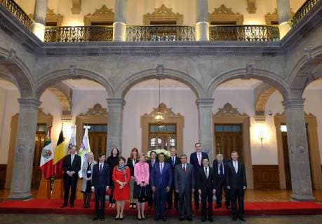 Fabienne L Hoost of Belgian Foreign Trade Agency, Ambassador of Belgium to Mexico, Antoine Evrard, Hub Brussels CEO Isabelle Grippa, Brussels region State Secretary Cecile Jodogne , AWEX CEO Pascale Delcomminette, Princess Astrid of Belgium and Jaime Rodriguez Calderon, Governor of Nuevo Leon pictured during a meeting with the governor of Nuevo Leon province, on the fifth day of a Belgian economic mission to Mexico, Thursday 21 February 2019, in Monterrey. Several federal and regional ministers accompany the princess on an economic mission to Mexico from 17 to 24 February.  ERICxLALMAND 05535680