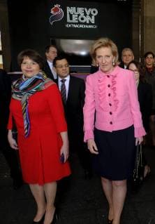 Brussels region State Secretary Cecile Jodogne and Princess Astrid of Belgium pictured during a meeting with the governor of Nuevo Leon province, on the fifth day of a Belgian economic mission to Mexico, Thursday 21 February 2019, in Monterrey. Several federal and regional ministers accompany the princess on an economic mission to Mexico from 17 to 24 February.  ERICxLALMAND 05535681