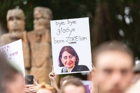 February 21, 2019 - Sydney, NSW, Australia - A protest placard against Premier of New South Wales Gladys Berejiklian at the Don t Kill Live Music Protest at Hyde Park in Sydney..Protesters gathered by more than 20,000 against new laws restricting live music and live music festival brought in by the New South Wales government and its Premier Gladys Berejiklian. Sydney Australia - ZUMAs197 20190221_zaa_s197_171 Copyright: xTobyxForagex