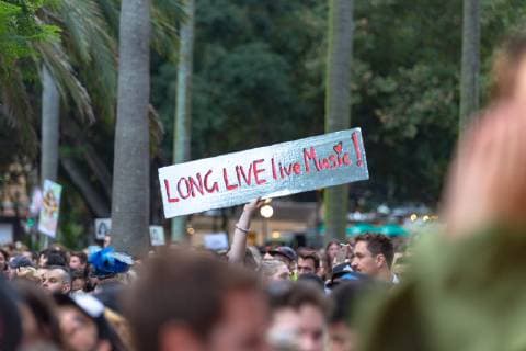 February 21, 2019 - Sydney, NSW, Australia - A protest placard at the Don t Kill Live Music Protest at Hyde Park in Sydney..Protesters gathered by more than 20,000 against new laws restricting live music and live music festival brought in by the New South Wales government and its Premier Gladys Berejiklian. Sydney Australia - ZUMAs197 20190221_zaa_s197_185 Copyright: xTobyxForagex