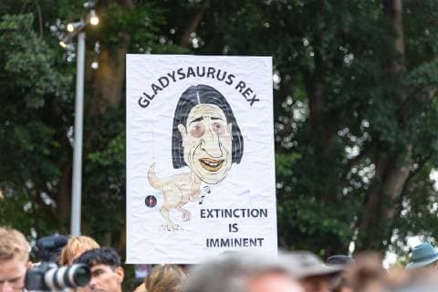 February 21, 2019 - Sydney, NSW, Australia - A protest placard against Premier of New South Wales Gladys Berejiklian at the Don t Kill Live Music Protest at Hyde Park in Sydney..Protesters gathered by more than 20,000 against new laws restricting live music and live music festival brought in by the New South Wales government and its Premier Gladys Berejiklian. Sydney Australia - ZUMAs197 20190221_zaa_s197_186 Copyright: xTobyxForagex