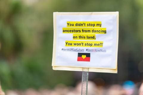 February 21, 2019 - Sydney, NSW, Australia - A protest placard at the Don t Kill Live Music Protest at Hyde Park in Sydney..Protesters gathered by more than 20,000 against new laws restricting live music and live music festival brought in by the New South Wales government and its Premier Gladys Berejiklian. Sydney Australia - ZUMAs197 20190221_zaa_s197_172 Copyright: xTobyxForagex