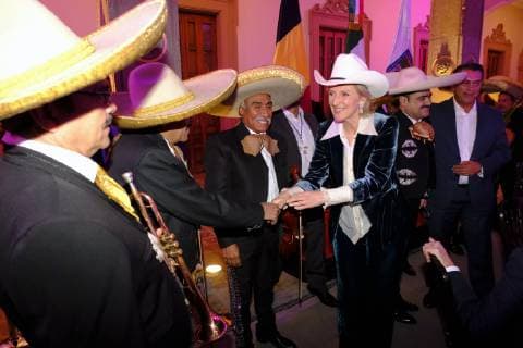 Princess Astrid of Belgium (CR) meets musicians at a Dinner offered by Jaime Rodriguez Calderon, Governor of Nuevo Leon province, on the fifth day of a Belgian economic mission to Mexico, Thursday 21 February 2019, in Monterrey. Several federal and regional ministers accompany the princess on an economic mission to Mexico from 17 to 24 February.  ERICxLALMAND 05535975