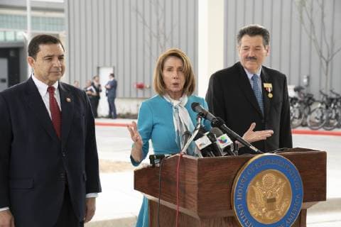 February 22, 2019 - Laredo, TX, USA - Laredo, Texas Feb. 22, 2019: House Speaker Nancy Pelosi talks to the press at Port of Entry 2 after touring the Texas-Mexico border Friday. Pelosi and Congressman Henry Cuellar, D-Laredo, both agree that there is no border crisis that requires Trump s emergency declaration. Laredo USA - ZUMAd150 20190222_znp_d150_033 Copyright: xBobxDaemmrichx