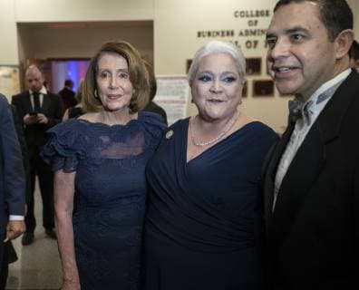 February 22, 2019 - Laredo, TX, USA - Laredo, Texas Feb. 22, 2019: House Speaker Nancy Pelosi poses with guests at the Los Caballeros de la Republica del Rio Grande cocktail party as an honored guest of the George Washington s Birthday celebration in this border city. Pelosi toured the Rio Grande River earlier in the day. At right is Congressman Henry Cuellar, D-Laredo. Laredo USA - ZUMAd150 20190222_znp_d150_041 Copyright: xBobxDaemmrichx