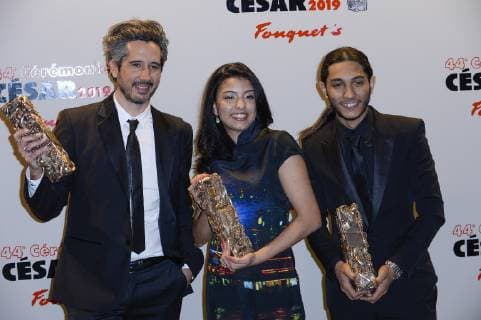 February 23, 2019 - Paris, Ile de France, France - Jean-Bernard Marlin, winner of the award for Best First Movie Dylan Robert and Kenza Fortas winners of the award for Best male and female Newcomers for Sheherazade and guest poses in the Fouquet s restaurant after the 44th Cesar Awards Ceremony at Salle Pleyel. Paris France - ZUMAs197 20190223_zaa_s197_042 Copyright: xThierryxLexFouillex