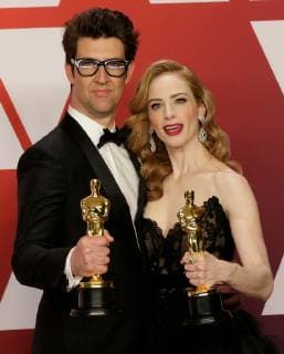 (L-R) Guy Nattiv and Jaime Ray Newman, winners of Best Live Action Short Film for Skin, appear backstage with their Oscar during the 91st annual Academy Awards at Loews Hollywood Hotel in the Hollywood section of Los Angeles on February 24, 2019.  LAP20190224725 JOHNxANGELILLO