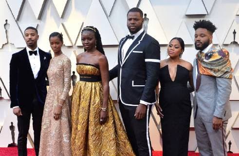 (L-R) Michael B. Jordan, Letitia Wright, Danai Gurira, Winston Duke, Zinzi Evans and Ryan Coogler arrive on the red carpet for the 91st annual Academy Awards at the Dolby Theatre in the Hollywood section of Los Angeles on February 24, 2019.  LAP20190224286 JIMxRUYMEN