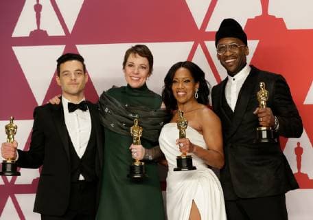 (L-R) Rami Malek winner of Best Actor in a Leading Role for Bohemian Rhapsody, Olivia Colman, winner of Best Actress for The Favourite, Regina King, winner Best Actress in a Supporting Role for If Beale Street Could Talk and Mahershala Ali, winner of Best Actor in a Supporting Role for Green Book, appear backstage with their Oscars during the 91st annual Academy Awards at Loews Hollywood Hotel in the Hollywood section of Los Angeles on February 24, 2019.  LAP20190224829 JOHNxANGELILLO