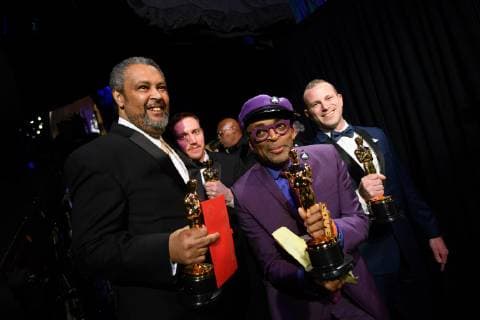 February 24, 2019 - Hollywood, California, U.S. - Kevin Wilmott, David Rabinowitz, Spike Lee and Charles Wachtel pose backstage with the Oscar for adapted screenplay during the Academy Awards or Oscars at the Dolby Theatre in Hollywood. Hollywood U.S. - ZUMAz03_ 20190224_sha_z03_026 Copyright: xAMPASx