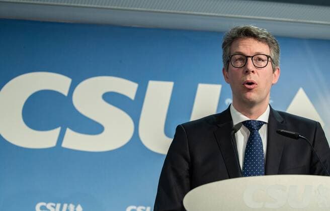 CSU Secretary General Markus Blume at the press conference following the event The Christian Social Union CSU held a board meeting in Munich on 25 2 2019 The President of the Federation of German Industries BDI Dieter Kempf Munich Bavaria Germany FSJ House was a guest