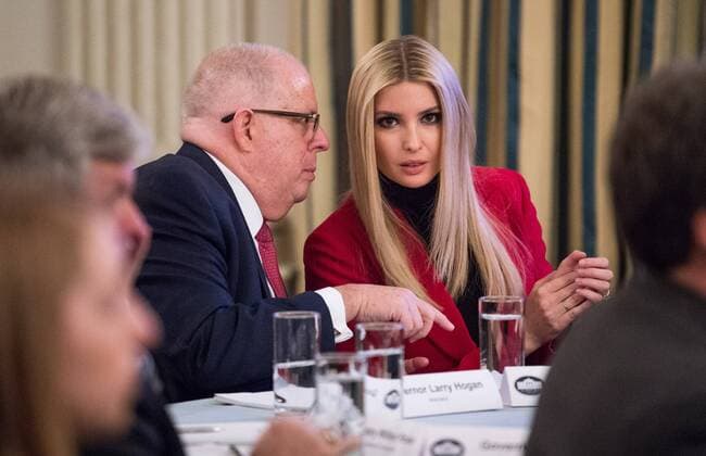 Gov. Larry Hogan, R-MD, speaks to Ivanka Trump as President Donald Trump address a group of governors during the 2019 White House Business Session at the White House in Washington, D.C. on February 25, 2019. Trump discusses the group on infrastructure, the opioid epidemic, border security and China trade policy.  WAP20190225302 KEVINxDIETSCH