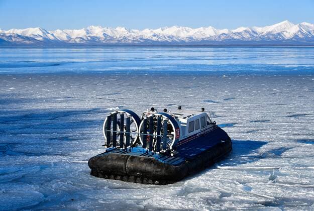 KAMCHATKA TERRITORY, RUSSIA - FEBRUARY 24, 2019: A view of the Neptun 15 hovercraft on sea trials on the Kamchatka Peninsula, the vehicle capable of transporting eleven passengers or 1.4t of cargo. Yuri Smityuk TASS  TS0A27BB