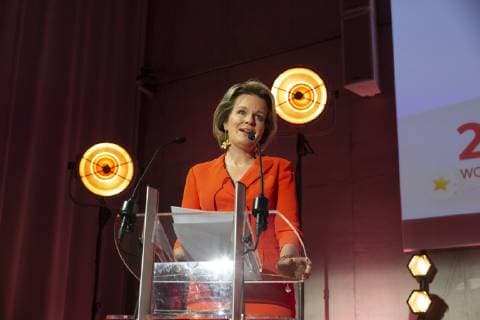 Queen Mathilde of Belgium delivers a speech at the 20th edition of the award ceremony of the Womed Award , for best female entrepreneur, organised by Markant and Unizo, Wednesday 27 February 2019 in Brussels.  HATIMxKAGHAT 05539684