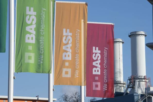 Flags with the BASF logo in front of the Schornstein plant feature Rand motif Symbol photo BASF SE Annual Press Conference in Ludwigshafen on 26 02 2019