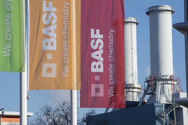 Flaggen mit dem BASF-Logo vor dem Werk, Schornstein, feature, Randmotiv, Symbolfoto, Bilanzpressekonferenz der BASF SE in Ludwigshafen am 26.02.2019. *** Flags with the BASF logo in front of the Schornstein plant feature Rand motif Symbol photo BASF SE Annual Press Conference in Ludwigshafen on 26 02 2019