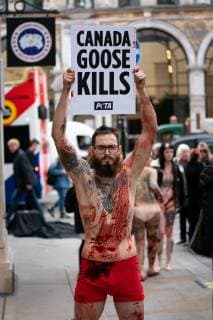 March 1, 2019 - London, London, UK - London, UK. PETA (People for the Ethical Treatment of Animals) supporters demonstrate outside Canada Goose Regent Street store by covering themselves in fake blood and lying on coats similar to those made by Canada Goose. PETA want to put pressure on the clothing company, as PETA claim the fur used in their coats is sourced in a cruel manner. World Wildlife Day takes place on 3 March. London UK  - ZUMAl94_ 20190301_zaf_l94_005 Copyright: xTomxNicholsonx