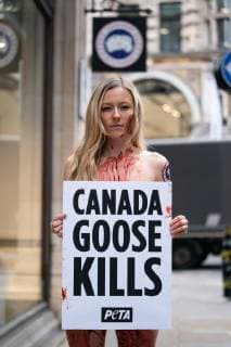 March 1, 2019 - London, London, UK - London, UK. PETA (People for the Ethical Treatment of Animals) supporters demonstrate outside Canada Goose Regent Street store by covering themselves in fake blood and lying on coats similar to those made by Canada Goose. PETA want to put pressure on the clothing company, as PETA claim the fur used in their coats is sourced in a cruel manner. World Wildlife Day takes place on 3 March. London UK  - ZUMAl94_ 20190301_zaf_l94_004 Copyright: xTomxNicholsonx