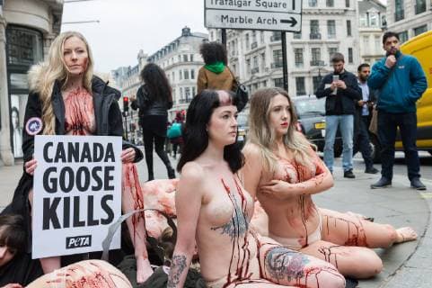 March 1, 2019 - London, Greater London, United Kingdom - Activists from People for the Ethical Treatment of Animals (PETA) lie nearly naked and covered with fake blood outside Canada Goose flagship store in London on 01 March, 2019, as they protest against use of coyote fur by the retailer and the cruel practices associated with its sourcing. London United Kingdom  - ZUMAn230 20190301_zaa_n230_369 Copyright: xWiktorxSzymanowiczx