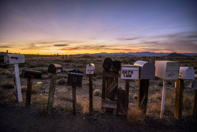 Sunset post boxes at the roadside Historic Route 66 Antares Walapai Kingman Arizona USA North America Copyright: imageBROKER ValentinxWolf iblvfw04844149.jpg