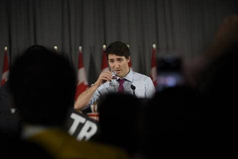 March 5, 2019 - Toronto, Ontario, Canada - Prime Minister Justin Trudeau and leader of the Liberal Party of Canada, drinking water while delivering remarks to supporters at a Liberal Climate Action Rally in Toronto, ON, on March 4, 2019. Toronto Canada  - ZUMAn230 20190305_zaa_n230_004 Copyright: xArindamxShivaanix