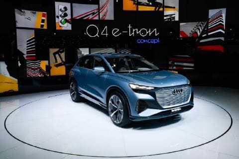 GENEVA, SWITZERLAND - MARCH 5, 2019: An Audi Q4 e-tron concept electric crossover on display during a press day ahead of the opening of the 89th Geneva International Motor Show. Sergei Fadeichev TASS  TS0A372A