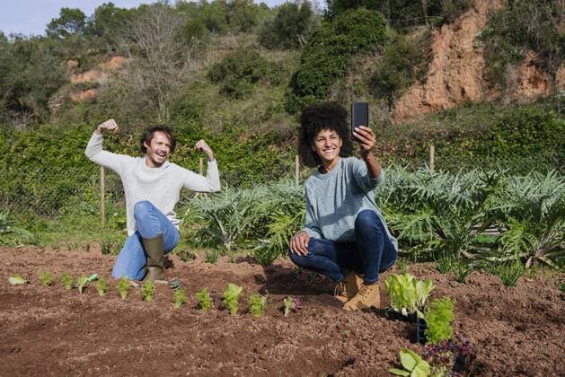 Couple taking selfies of planting lettuce seedlings in an vegetable garden model released Symbolfoto property released  GEMF02768
