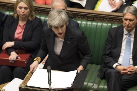 (190307) -- LONDON, March 7, 2019 -- British Prime Minister Theresa May attends the Prime Minister s Questions in the House of Commons in London, Britain, on March 6, 2019. ) HOC MANDATORY CREDIT: BRITAIN-LONDON-PMQS UKxParliament MarkxDuffy 
