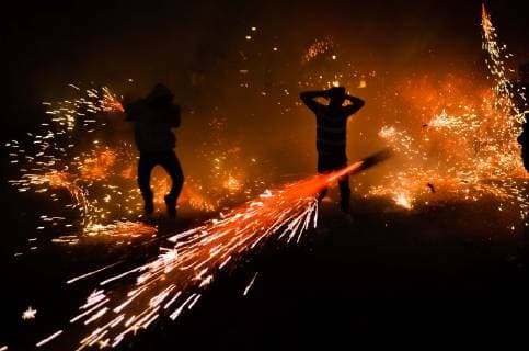 March 8, 2019 - Tultepec, Mexico - Traditional burning of pyrotechnic bulls in honor of the patron saint of pyrotechnics, San Juan de Dios in the Mexican municipality of Tultepec. Tultepec Mexico - ZUMAl109 20190308_zap_l109_014 Copyright: xOmarxLopezx