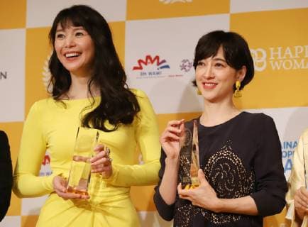 March 8, 2019, Tokyo, Japan - Japanese TV personality Christel Takigawa (R) and WFP ambassador Kurara Chibana receive the Happy Woman Award 2019 for SDGs on the International Women s Day in Tokyo on Friday, March 8, 2019. Five women were awarded as they contributed to the promotion of gender equality and UN s SDGs.  (98742897)