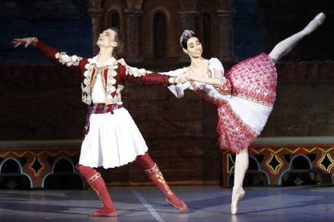 MOSCOW, RUSSIA - MARCH 11, 2019: Ballet dancers Ivan Negrobov (L) as Conrad and Marta Lutsko as Medora perform in a scene from the Le Corsaire production of the Voronezh Opera and Ballet Theatre, staged by Yuri Burlaka at Stanislavski and Nemirovich-Danchenko Moscow Music Theatre as part of the 2019 Golden Mask Russian Performing Arts Festival. Alexander Shcherbak TASS  TS0A44CD