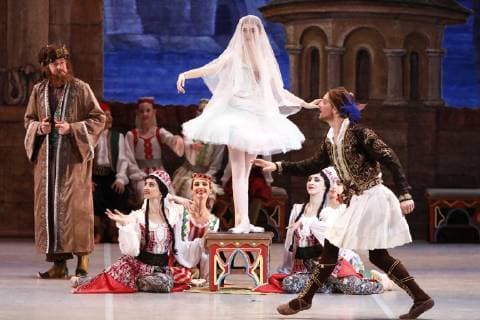 MOSCOW, RUSSIA - MARCH 11, 2019: Ballet dancer Yelizaveta Korneyeva (C) as Gulnare performs in a scene from the Le Corsaire production of the Voronezh Opera and Ballet Theatre, staged by Yuri Burlaka at Stanislavski and Nemirovich-Danchenko Moscow Music Theatre as part of the 2019 Golden Mask Russian Performing Arts Festival. Alexander Shcherbak TASS  TS0A44D2