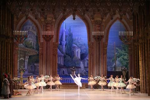 MOSCOW, RUSSIA - MARCH 11, 2019: Ballet dancer Yelizaveta Korneyeva (C) as Gulnare performs in a scene from the Le Corsaire production of the Voronezh Opera and Ballet Theatre, staged by Yuri Burlaka at Stanislavski and Nemirovich-Danchenko Moscow Music Theatre as part of the 2019 Golden Mask Russian Performing Arts Festival. Alexander Shcherbak TASS  TS0A44E8