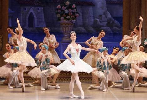 MOSCOW, RUSSIA - MARCH 11, 2019: Ballet dancer Yelizaveta Korneyeva (C) as Gulnare performs in a scene from the Le Corsaire production of the Voronezh Opera and Ballet Theatre, staged by Yuri Burlaka at Stanislavski and Nemirovich-Danchenko Moscow Music Theatre as part of the 2019 Golden Mask Russian Performing Arts Festival. Alexander Shcherbak TASS  TS0A44EC