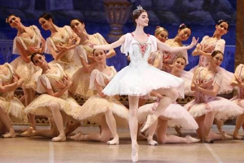MOSCOW, RUSSIA - MARCH 11, 2019: Ballet dancer Yelizaveta Korneyeva (C) as Gulnare performs in a scene from the Le Corsaire production of the Voronezh Opera and Ballet Theatre, staged by Yuri Burlaka at Stanislavski and Nemirovich-Danchenko Moscow Music Theatre as part of the 2019 Golden Mask Russian Performing Arts Festival. Alexander Shcherbak TASS  TS0A44ED